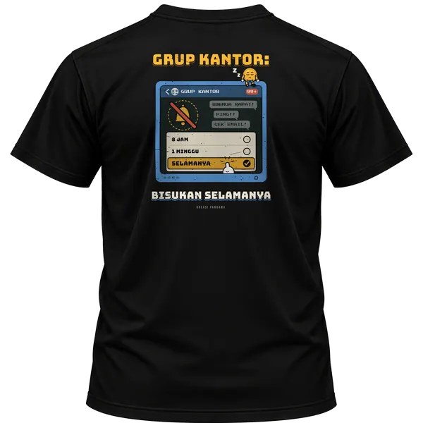Mockup kaos hitam Kreasi Pandawa tampak belakang, sablon punggung: Grup kantor: bisukan selamanya
