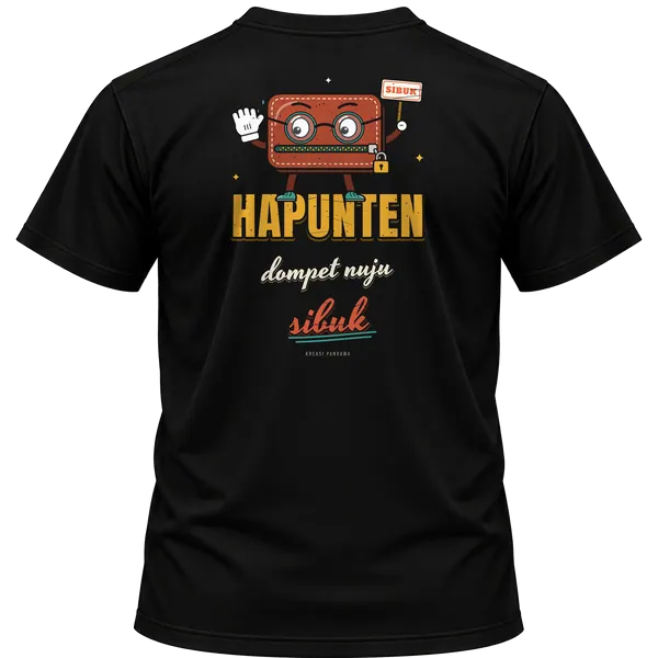 Mockup kaos hitam Kreasi Pandawa tampak belakang, sablon punggung: Hapunten, dompet nuju sibuk