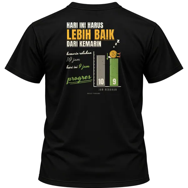 Mockup kaos hitam Kreasi Pandawa tampak belakang, sablon punggung: Hari ini harus lebih baik dari kemarin, kemarin rebahan 10 jam, hari ini 9 jam, progres