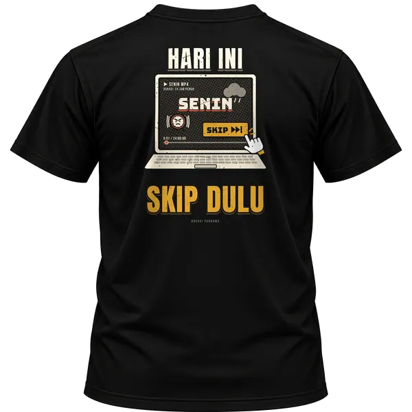 Mockup kaos hitam Kreasi Pandawa tampak belakang, sablon punggung: Hari ini skip dulu