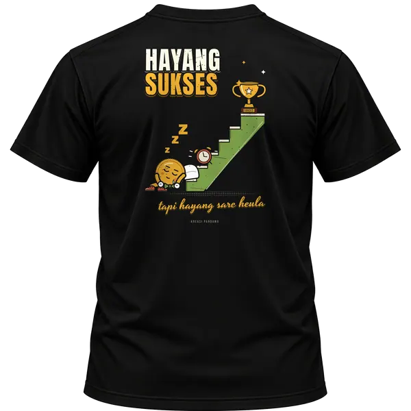 Mockup kaos hitam Kreasi Pandawa tampak belakang, sablon punggung: Hayang sukses, tapi hayang sare heula