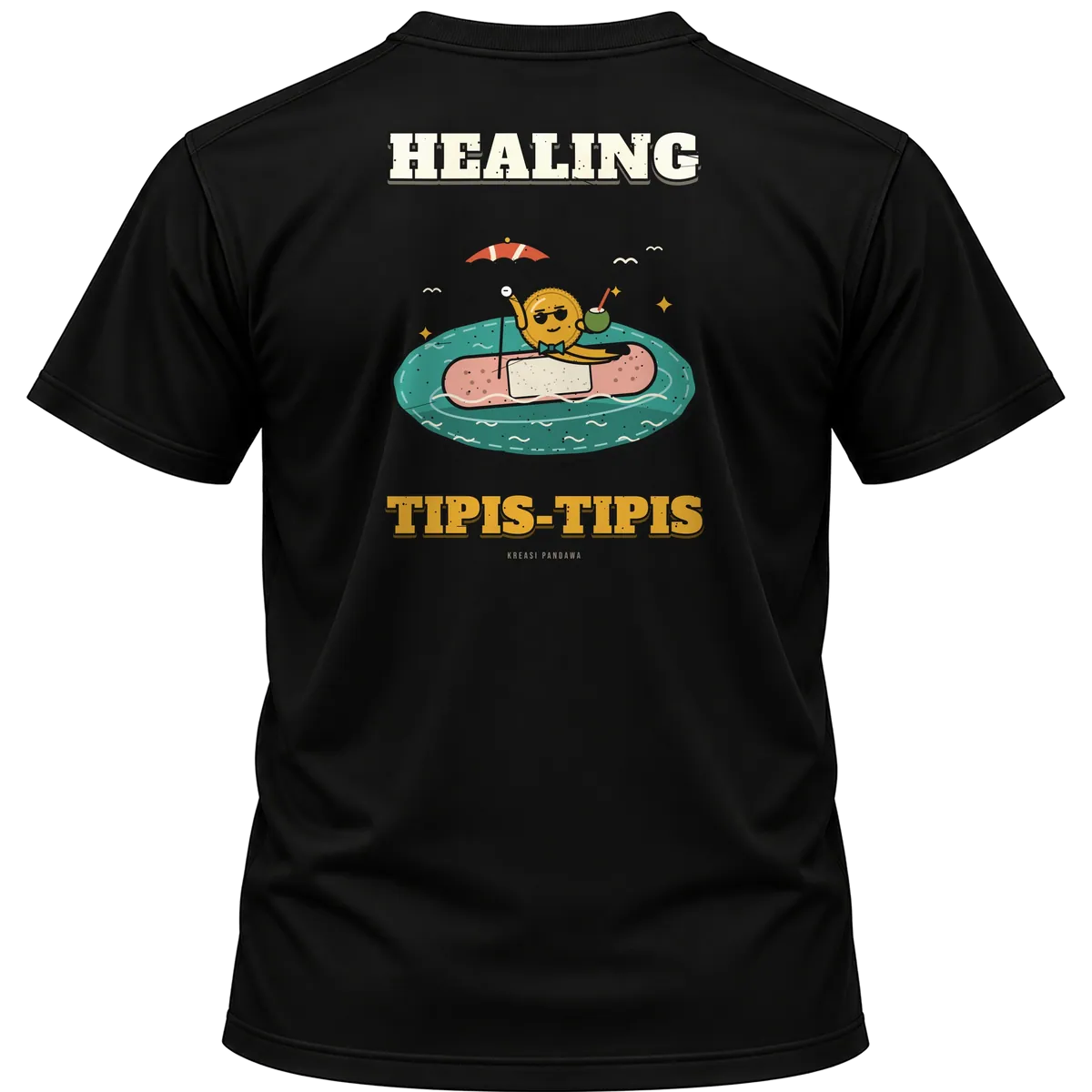 Mockup kaos hitam Kreasi Pandawa tampak belakang, sablon punggung: Healing tipis-tipis