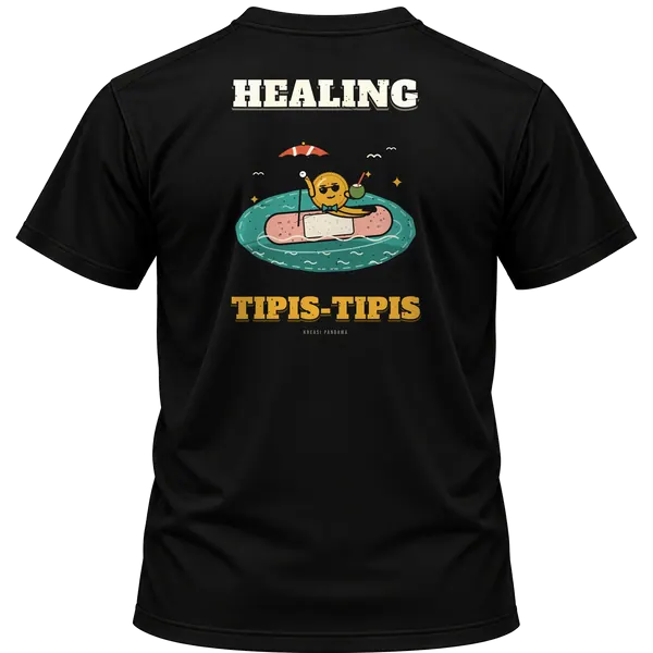 Mockup kaos hitam Kreasi Pandawa tampak belakang, sablon punggung: Healing tipis-tipis