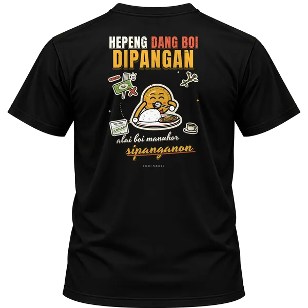 Mockup kaos hitam Kreasi Pandawa tampak belakang, sablon punggung: Hepeng dang boi dipangan, alai boi manuhor sipanganon