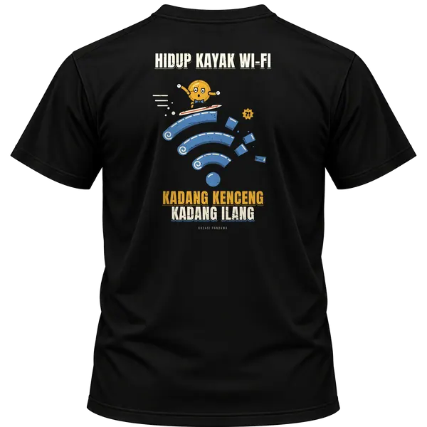 Mockup kaos hitam Kreasi Pandawa tampak belakang, sablon punggung: Hidup kayak Wi-Fi, kadang kenceng kadang ilang