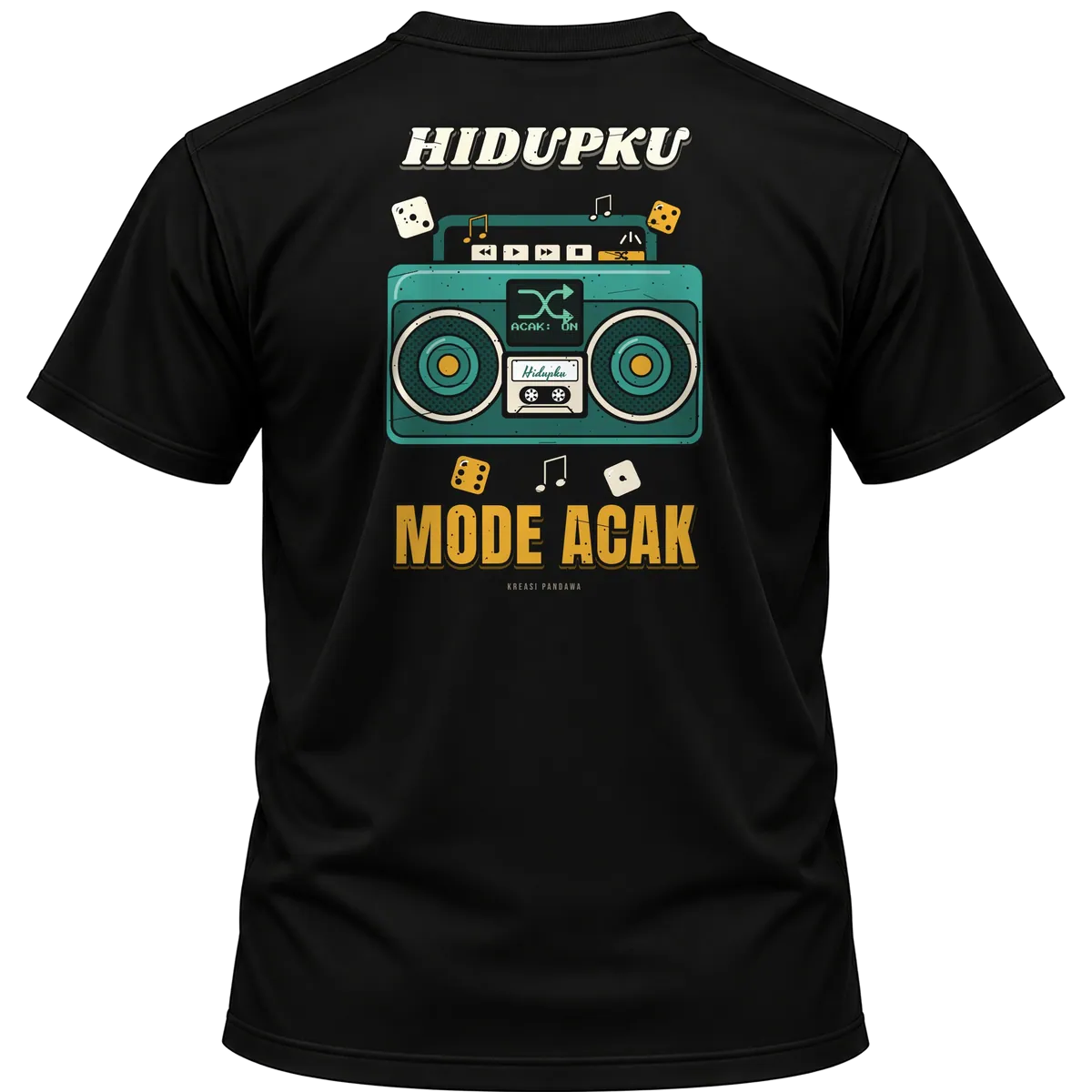 Mockup kaos hitam Kreasi Pandawa tampak belakang, sablon punggung: Hidupku mode acak