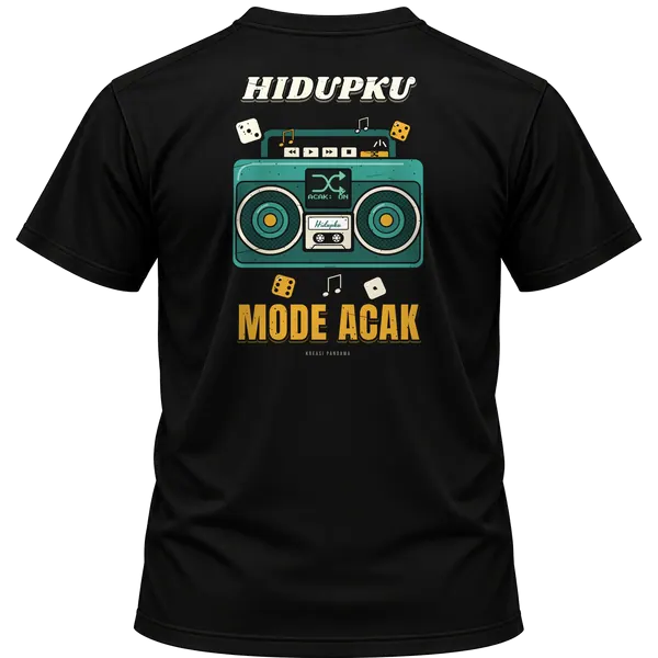 Mockup kaos hitam Kreasi Pandawa tampak belakang, sablon punggung: Hidupku mode acak