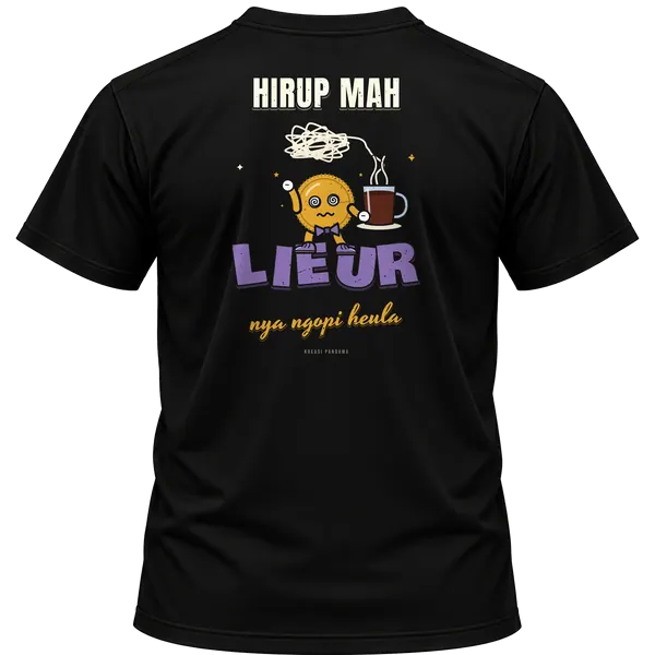 Mockup kaos hitam Kreasi Pandawa tampak belakang, sablon punggung: Hirup mah lieur, nya ngopi heula