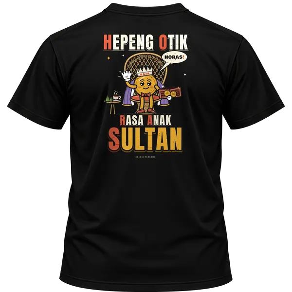 Mockup kaos hitam Kreasi Pandawa tampak belakang, sablon punggung: HORAS: Hepeng Otik, Rasa Anak Sultan