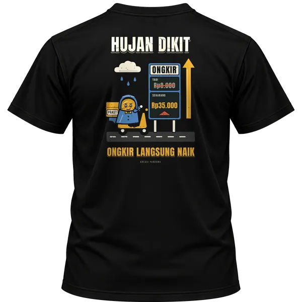 Mockup kaos hitam Kreasi Pandawa tampak belakang, sablon punggung: Hujan dikit, ongkir langsung naik