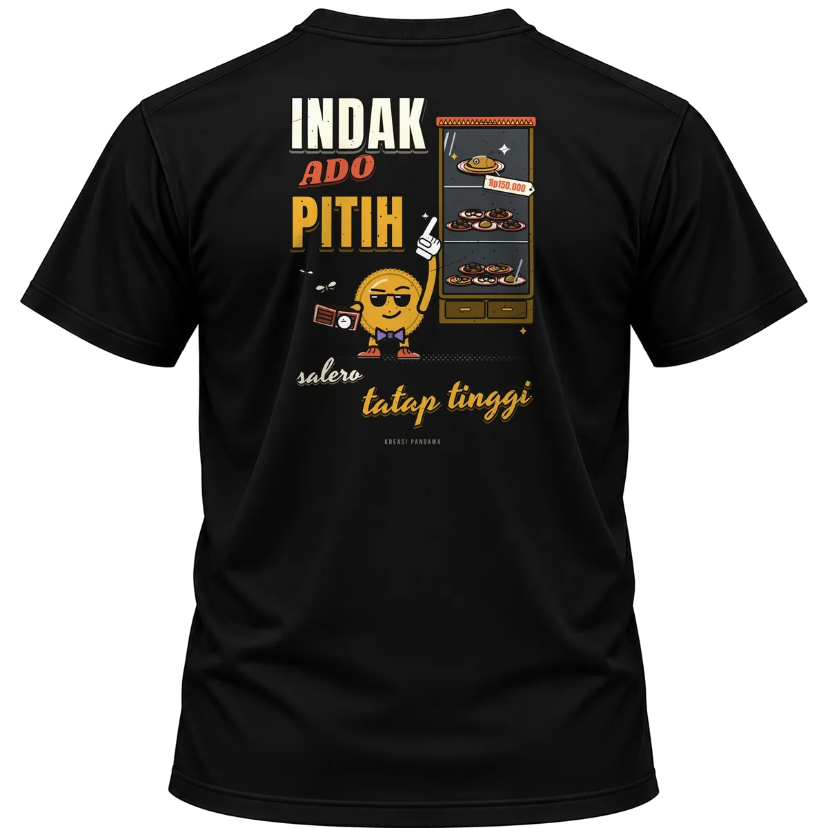 Mockup kaos hitam Kreasi Pandawa tampak belakang, sablon punggung: Indak ado pitih, salero tatap tinggi