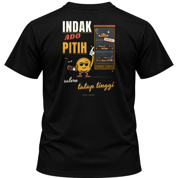 Mockup kaos hitam Kreasi Pandawa tampak belakang, sablon punggung: Indak ado pitih, salero tatap tinggi