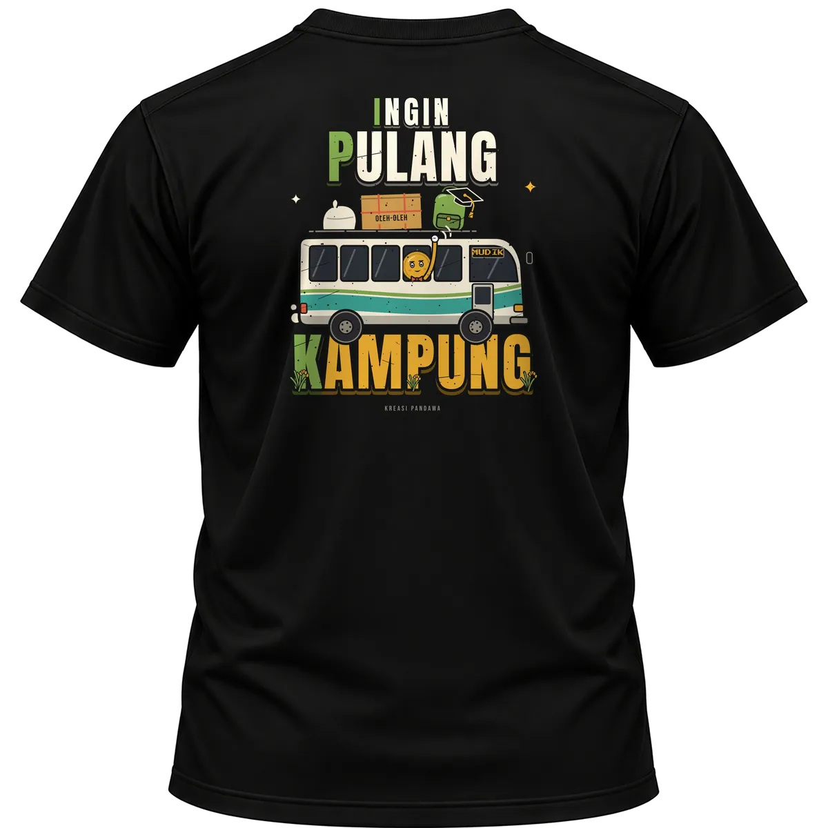 Mockup kaos hitam Kreasi Pandawa tampak belakang, sablon punggung: IPK: Ingin Pulang Kampung