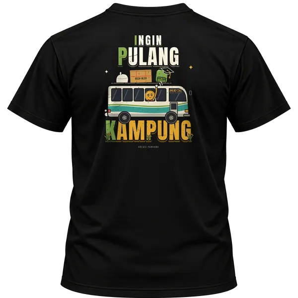 Mockup kaos hitam Kreasi Pandawa tampak belakang, sablon punggung: IPK: Ingin Pulang Kampung