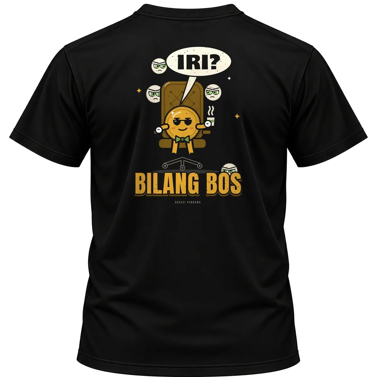 Mockup kaos hitam Kreasi Pandawa tampak belakang, sablon punggung: Iri? Bilang bos
