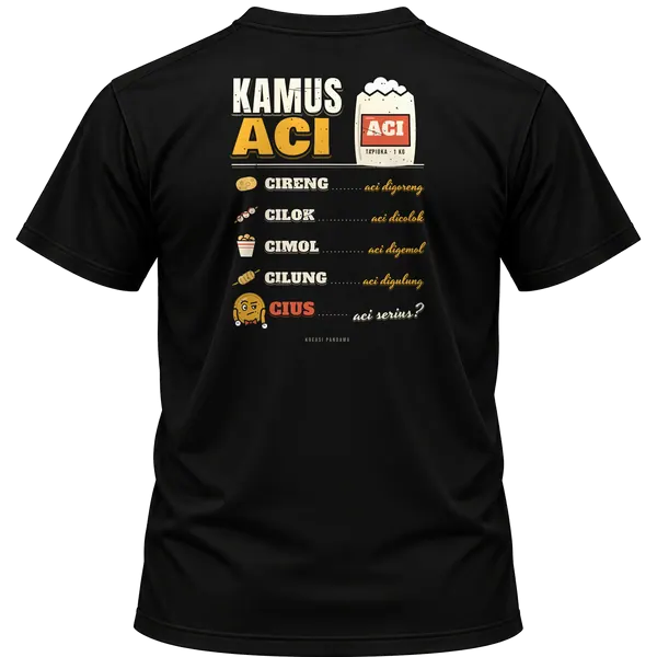 Mockup kaos hitam Kreasi Pandawa tampak belakang, sablon punggung: Kamus aci, cireng, cilok, cimol, cilung, cius