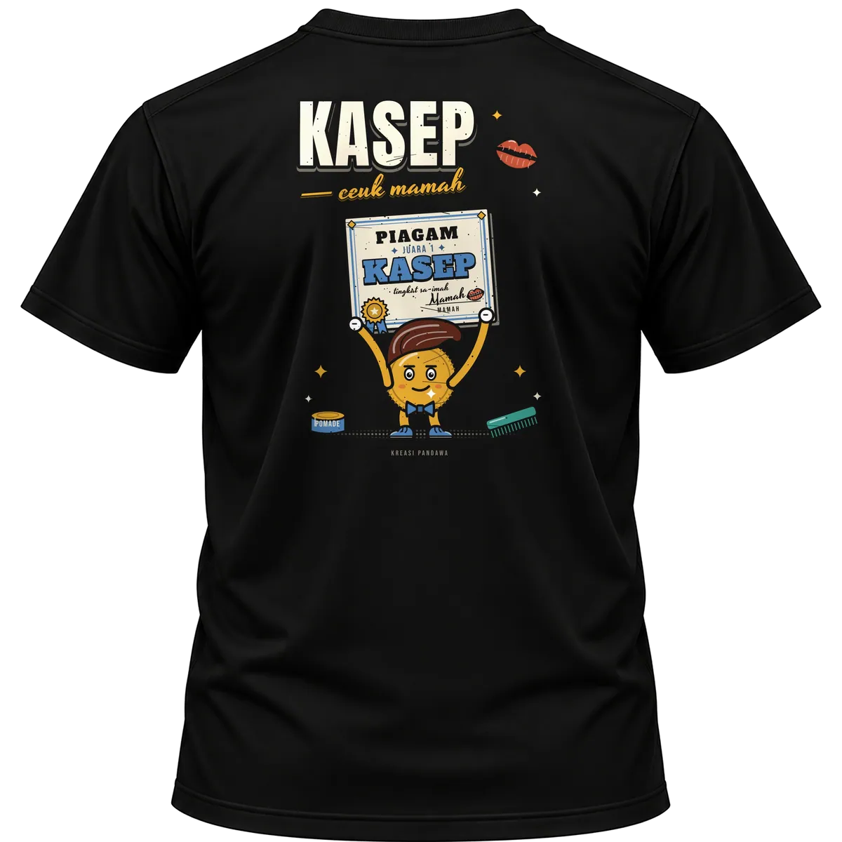Mockup kaos hitam Kreasi Pandawa tampak belakang, sablon punggung: Kasep, ceuk mamah