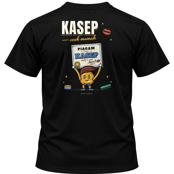Mockup kaos hitam Kreasi Pandawa tampak belakang, sablon punggung: Kasep, ceuk mamah