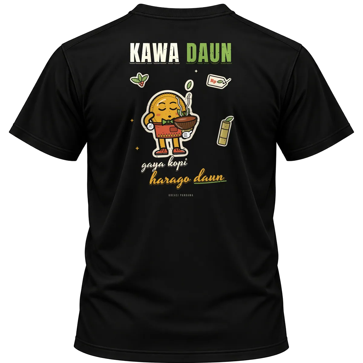 Mockup kaos hitam Kreasi Pandawa tampak belakang, sablon punggung: Kawa daun, gaya kopi, harago daun