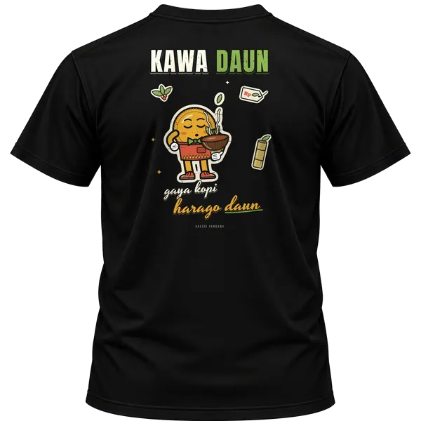 Mockup kaos hitam Kreasi Pandawa tampak belakang, sablon punggung: Kawa daun, gaya kopi, harago daun