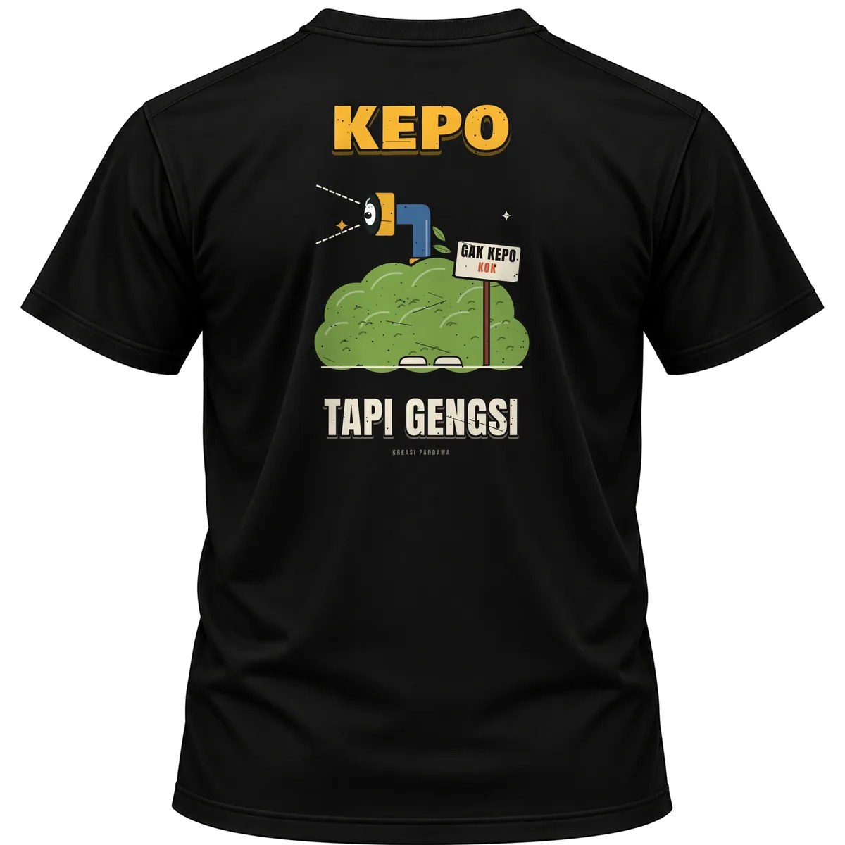Mockup kaos hitam Kreasi Pandawa tampak belakang, sablon punggung: Kepo tapi gengsi