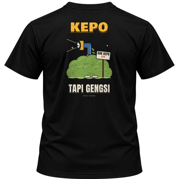 Mockup kaos hitam Kreasi Pandawa tampak belakang, sablon punggung: Kepo tapi gengsi