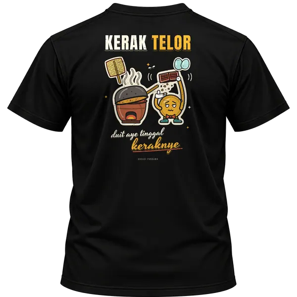 Mockup kaos hitam Kreasi Pandawa tampak belakang, sablon punggung: Kerak telor, duit aye tinggal keraknye