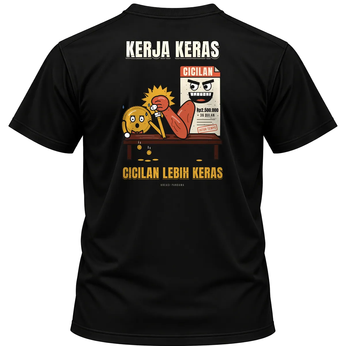 Mockup kaos hitam Kreasi Pandawa tampak belakang, sablon punggung: Kerja keras, cicilan lebih keras