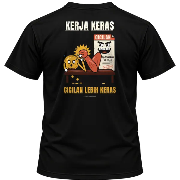Mockup kaos hitam Kreasi Pandawa tampak belakang, sablon punggung: Kerja keras, cicilan lebih keras