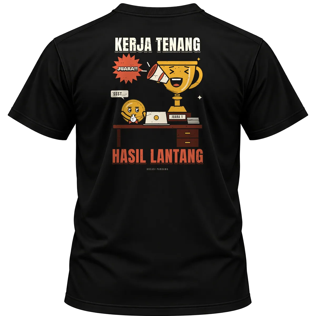 Mockup kaos hitam Kreasi Pandawa tampak belakang, sablon punggung: Kerja tenang, hasil lantang