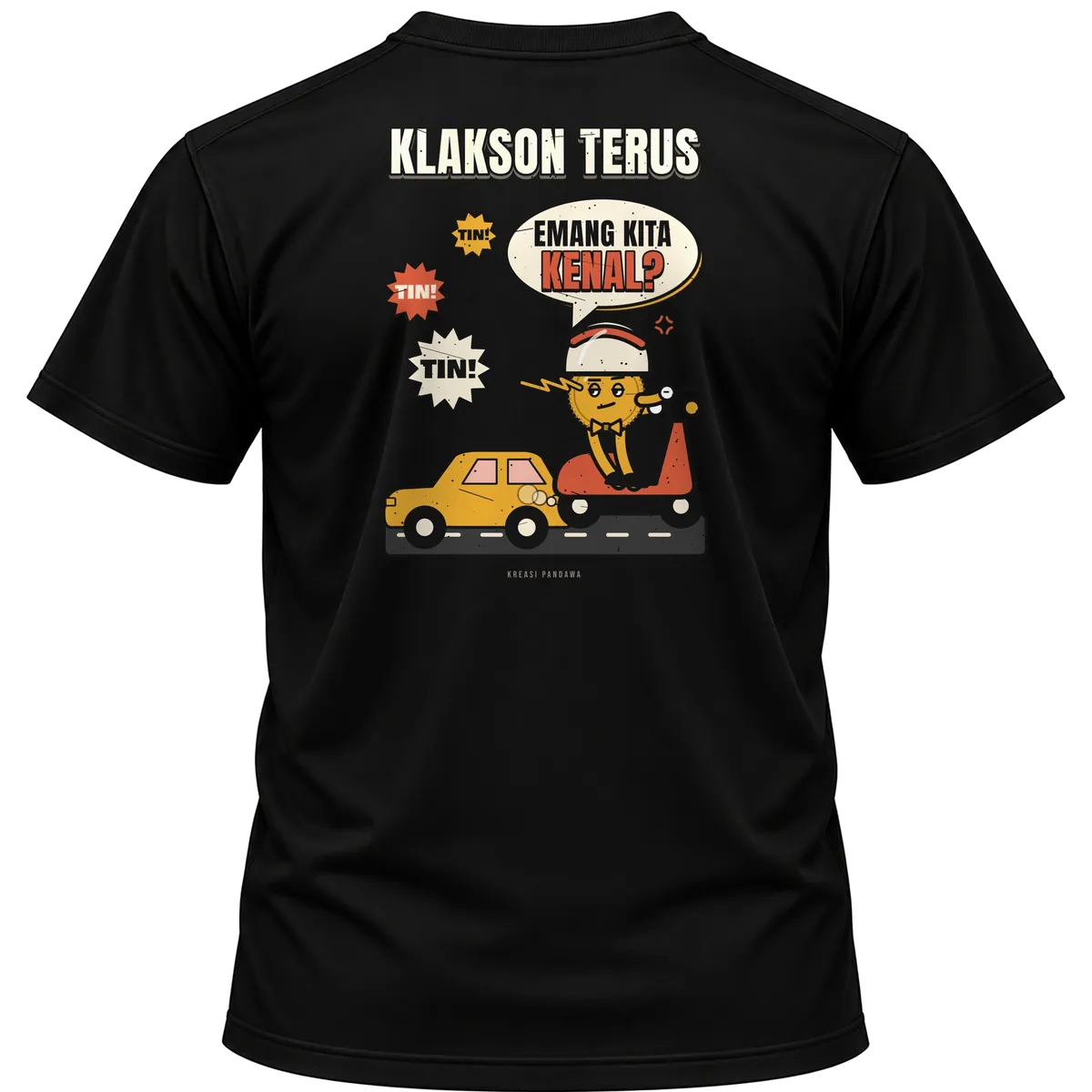 Mockup kaos hitam Kreasi Pandawa tampak belakang, sablon punggung: Klakson terus, emang kita kenal?