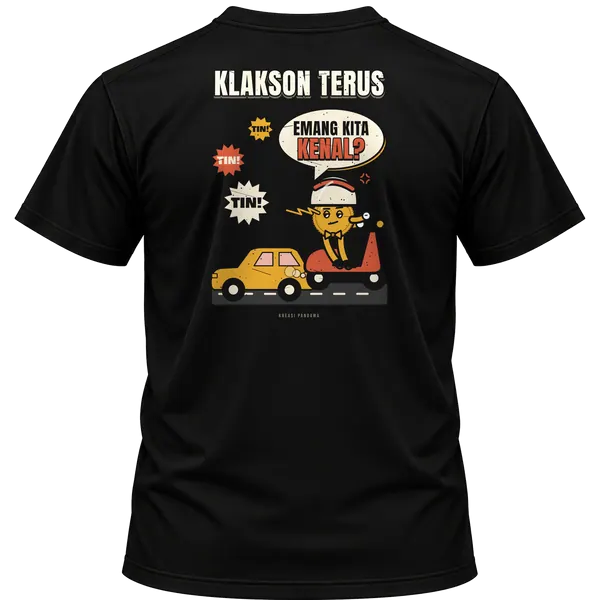 Mockup kaos hitam Kreasi Pandawa tampak belakang, sablon punggung: Klakson terus, emang kita kenal?