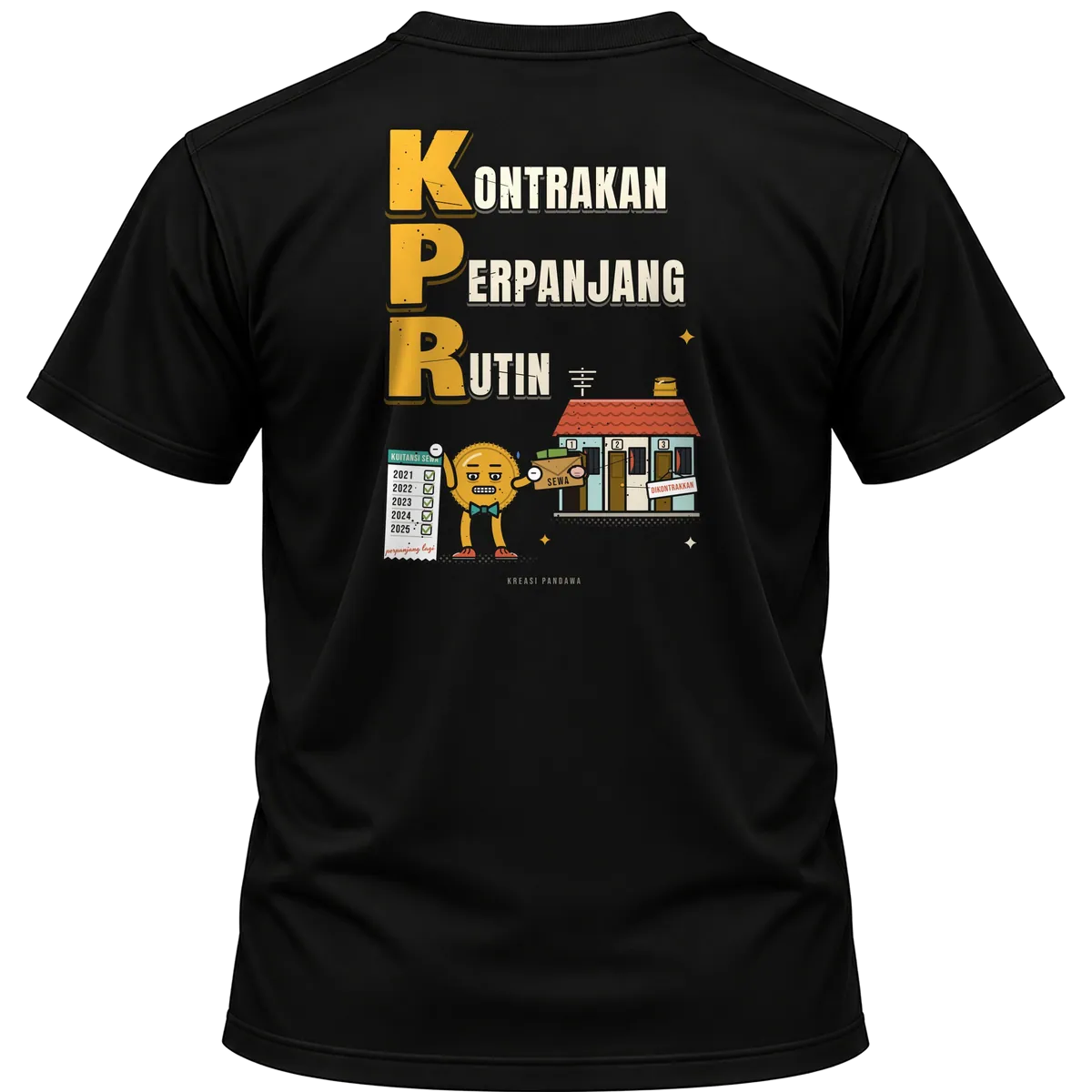 Mockup kaos hitam Kreasi Pandawa tampak belakang, sablon punggung: KPR: Kontrakan Perpanjang Rutin