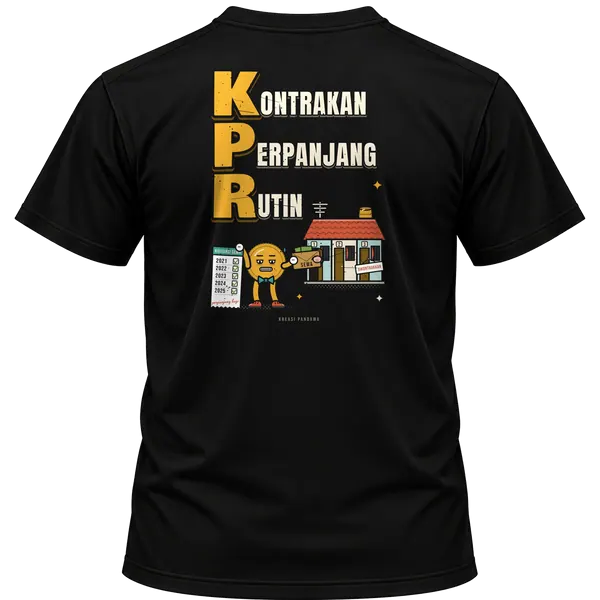 Mockup kaos hitam Kreasi Pandawa tampak belakang, sablon punggung: KPR: Kontrakan Perpanjang Rutin