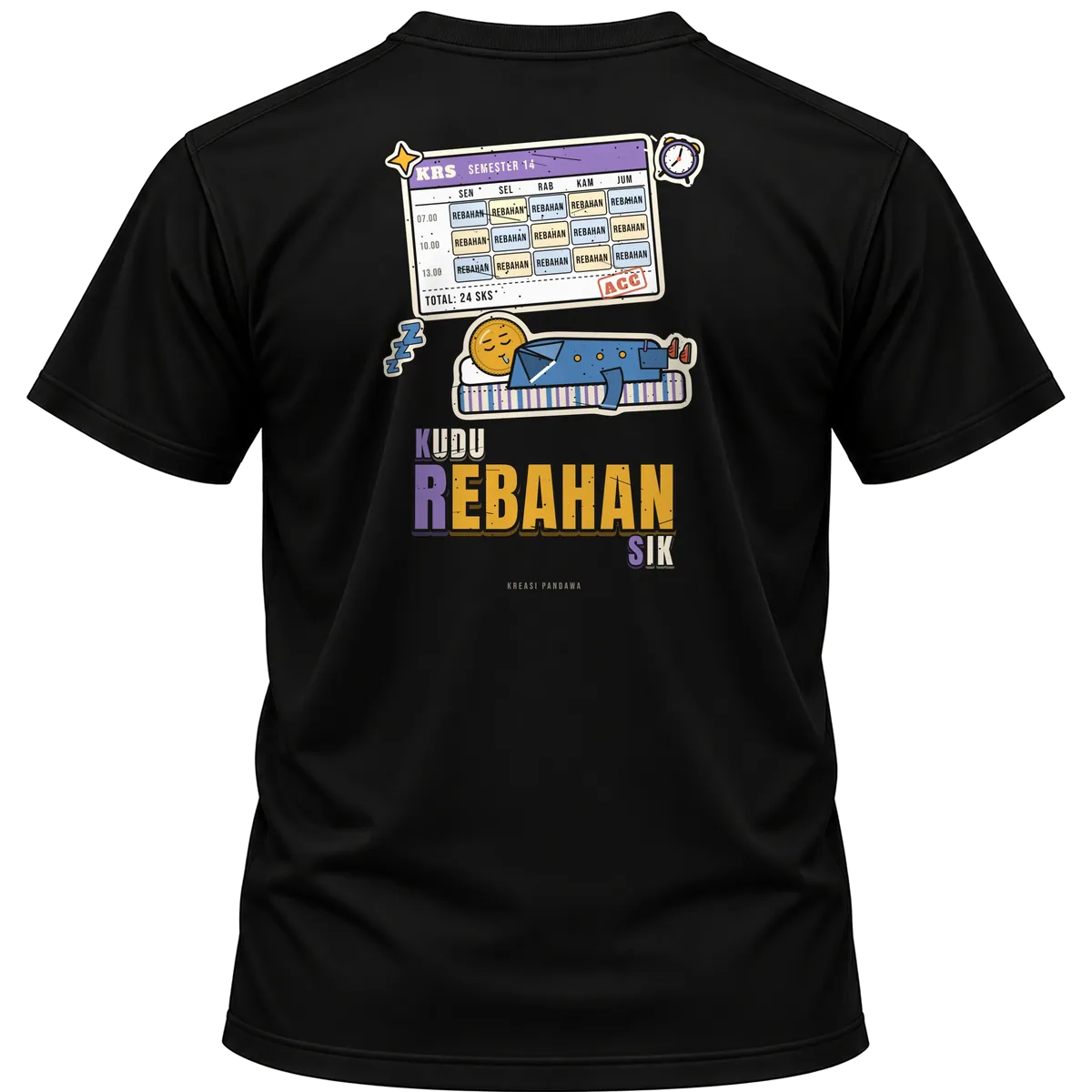 Mockup kaos hitam Kreasi Pandawa tampak belakang, sablon punggung: KRS: Kudu Rebahan Sik