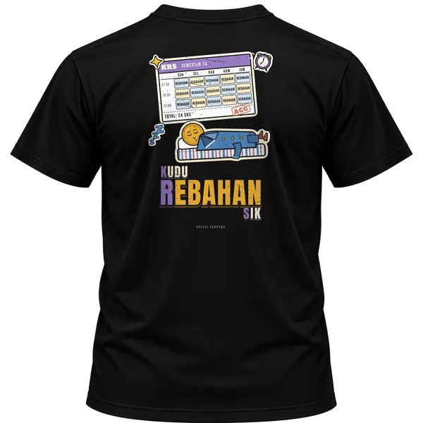 Mockup kaos hitam Kreasi Pandawa tampak belakang, sablon punggung: KRS: Kudu Rebahan Sik