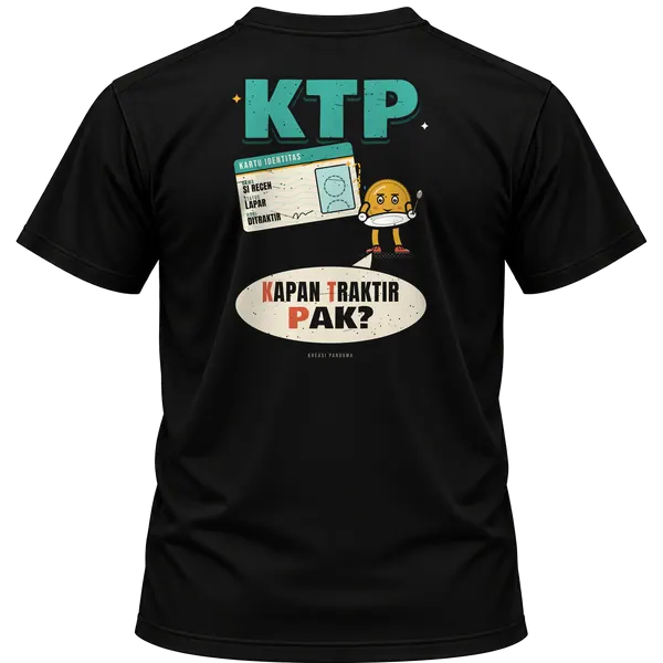 Mockup kaos hitam Kreasi Pandawa tampak belakang, sablon punggung: KTP: Kapan Traktir Pak?