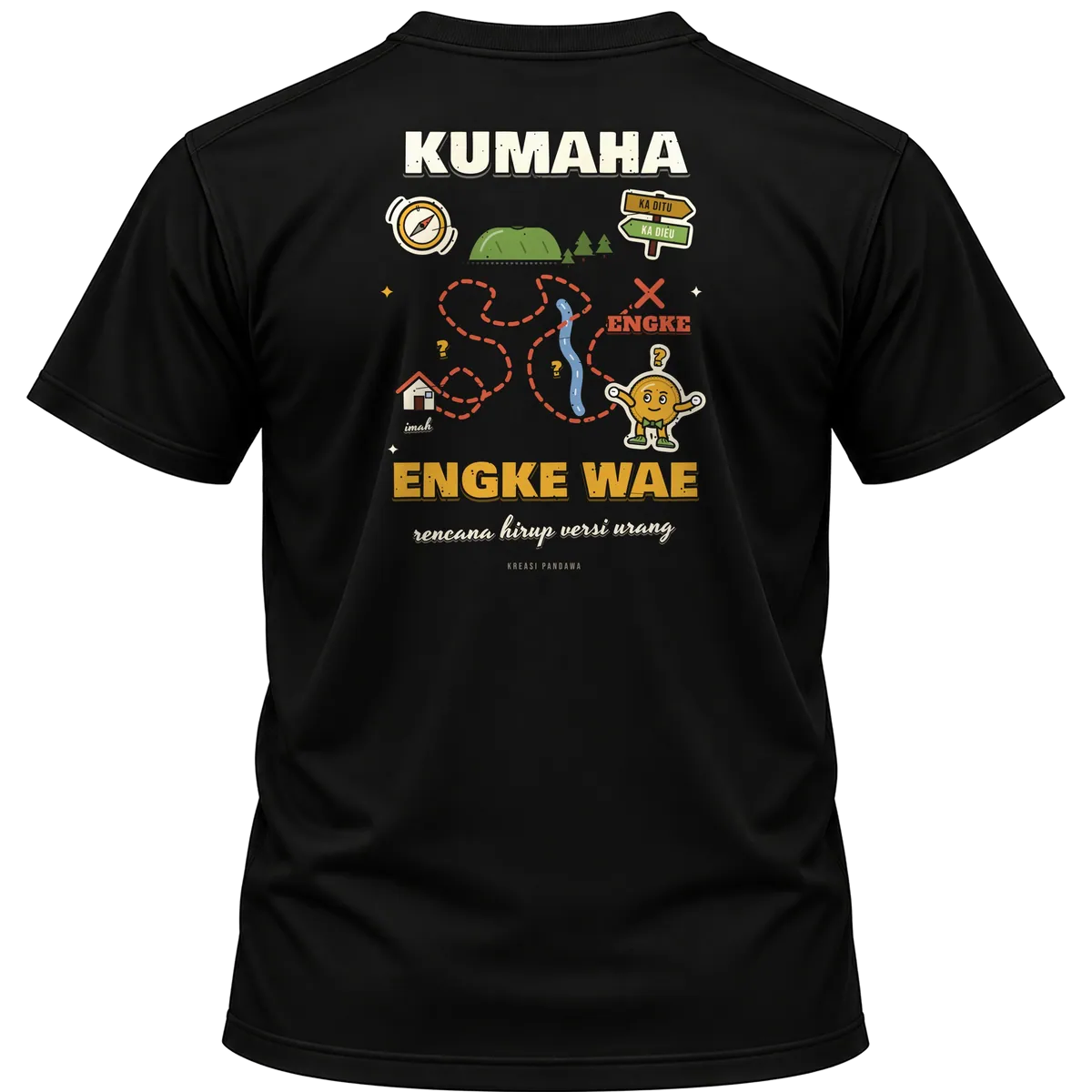 Mockup kaos hitam Kreasi Pandawa tampak belakang, sablon punggung: Kumaha engke wae, rencana hirup versi urang