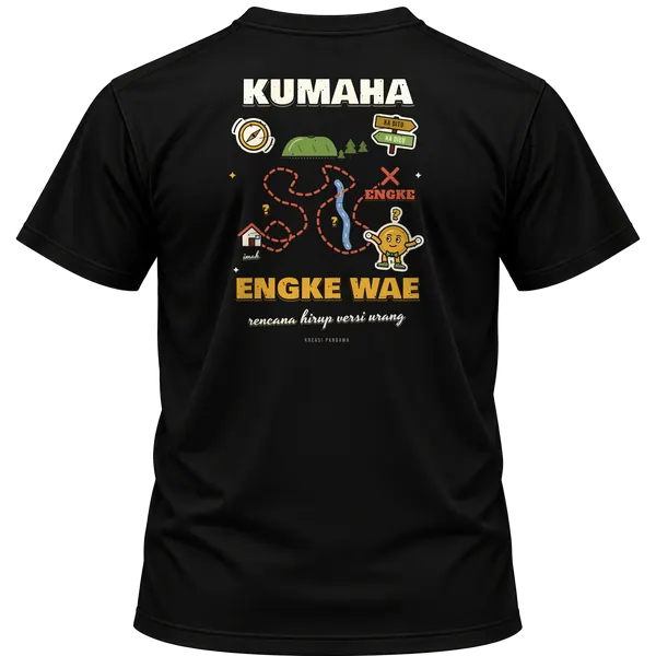 Mockup kaos hitam Kreasi Pandawa tampak belakang, sablon punggung: Kumaha engke wae, rencana hirup versi urang