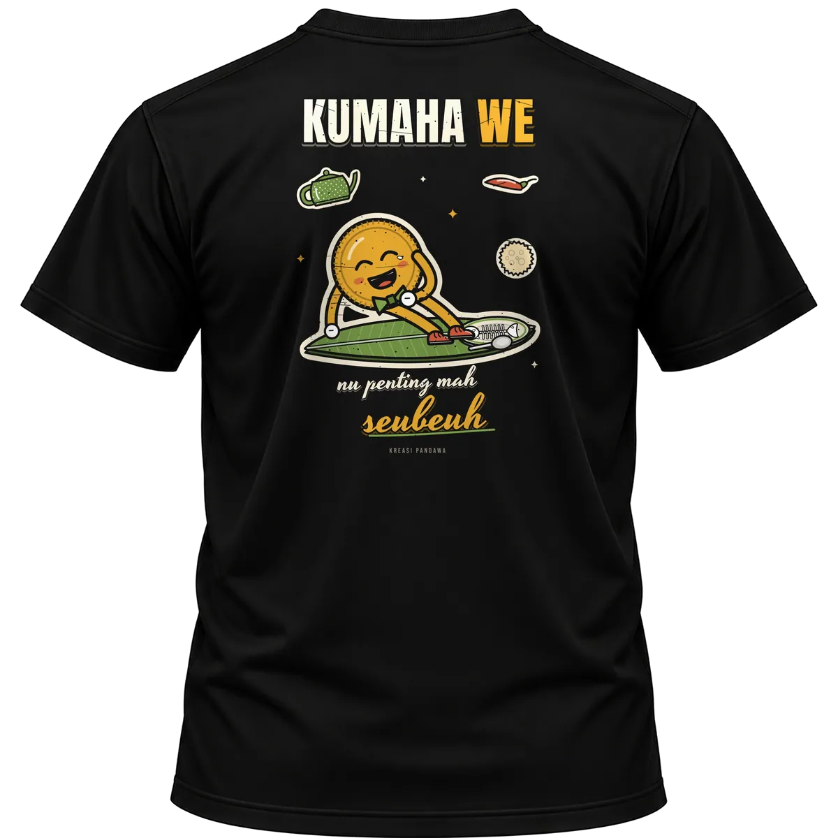 Mockup kaos hitam Kreasi Pandawa tampak belakang, sablon punggung: Kumaha we, nu penting mah seubeuh