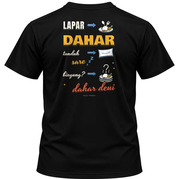 Mockup kaos hitam Kreasi Pandawa tampak belakang, sablon punggung: Lapar dahar, tunduh sare, bingung? Dahar deui