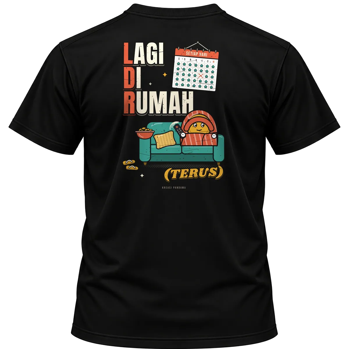 Mockup kaos hitam Kreasi Pandawa tampak belakang, sablon punggung: LDR: Lagi Di Rumah (terus)