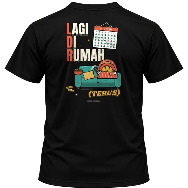 Mockup kaos hitam Kreasi Pandawa tampak belakang, sablon punggung: LDR: Lagi Di Rumah (terus)