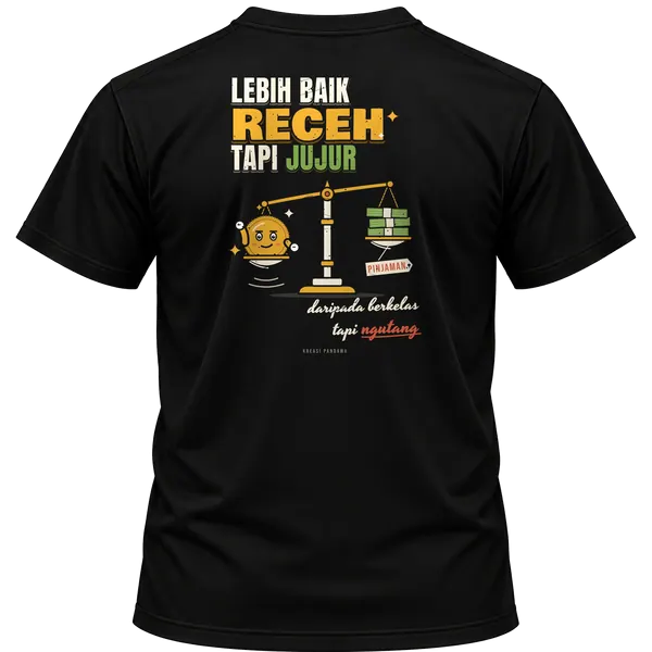 Mockup kaos hitam Kreasi Pandawa tampak belakang, sablon punggung: Lebih baik receh tapi jujur, daripada berkelas tapi ngutang