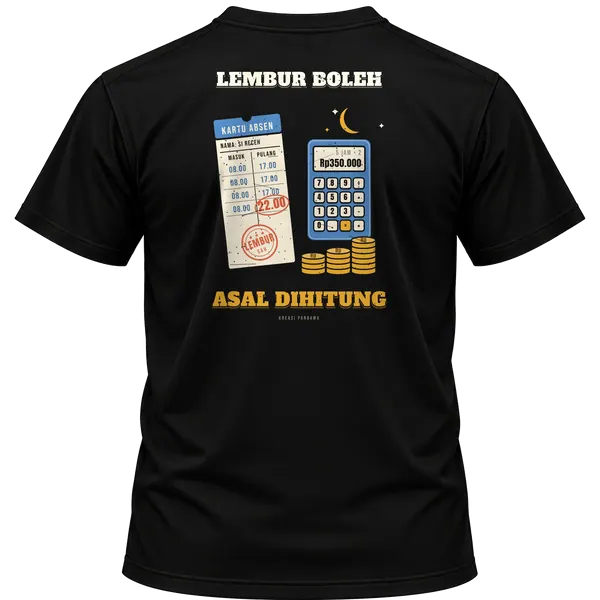 Mockup kaos hitam Kreasi Pandawa tampak belakang, sablon punggung: Lembur boleh, asal dihitung