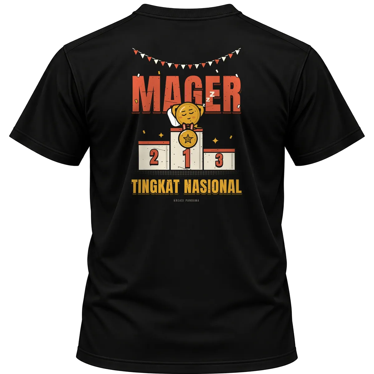 Mockup kaos hitam Kreasi Pandawa tampak belakang, sablon punggung: Mager tingkat nasional