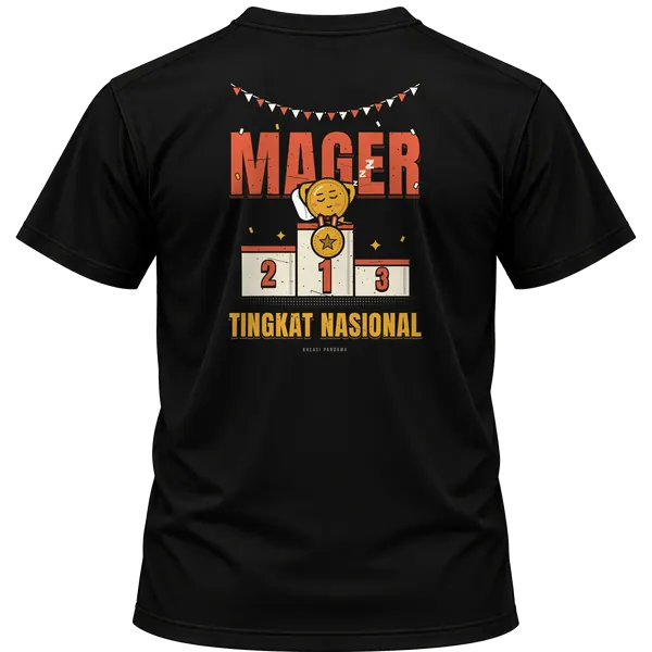 Mockup kaos hitam Kreasi Pandawa tampak belakang, sablon punggung: Mager tingkat nasional