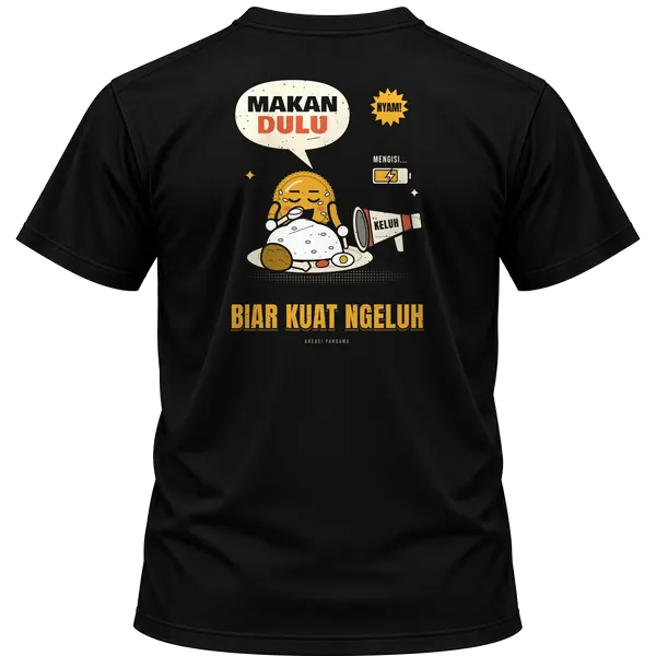 Mockup kaos hitam Kreasi Pandawa tampak belakang, sablon punggung: Makan dulu biar kuat ngeluh