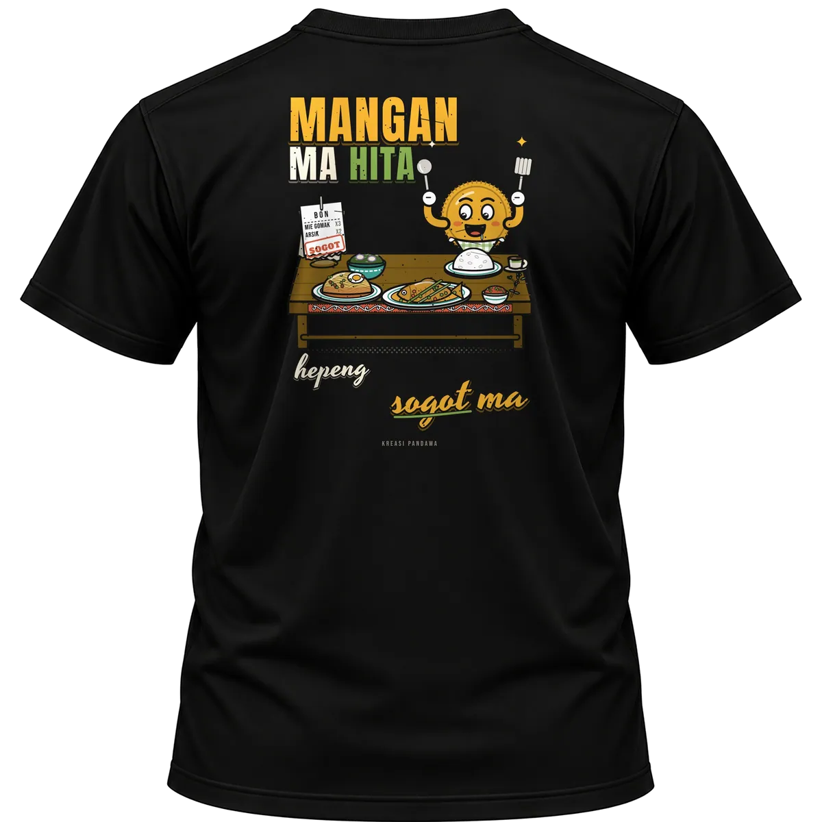 Mockup kaos hitam Kreasi Pandawa tampak belakang, sablon punggung: Mangan ma hita, hepeng sogot ma