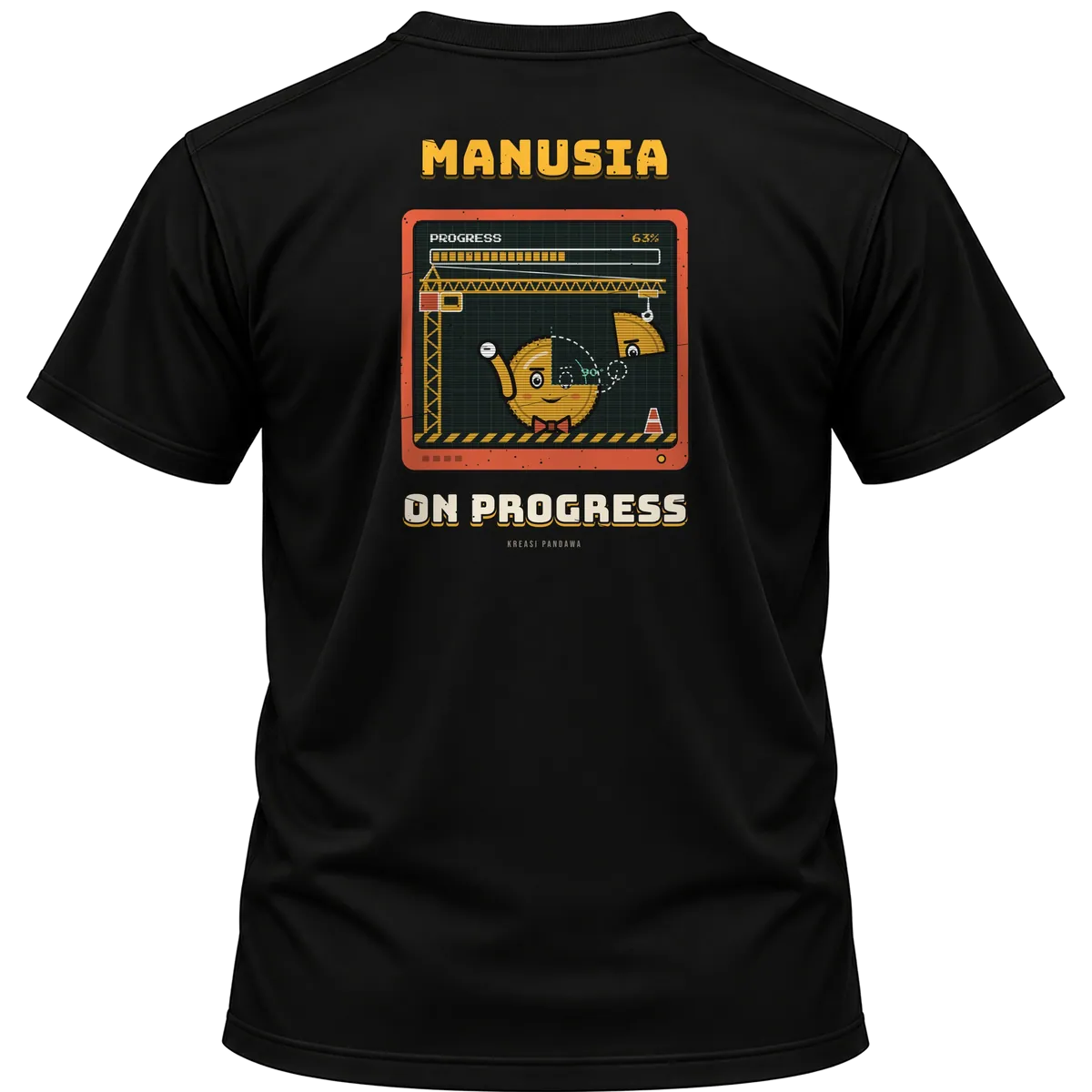 Mockup kaos hitam Kreasi Pandawa tampak belakang, sablon punggung: Manusia on progress